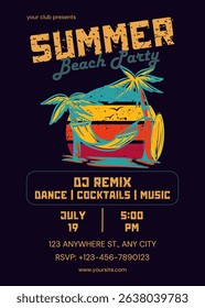 Summer party template poster. Retro beach party celebration. Sun, palm, coconut tree. Summer design vector illustration background, invitation, banner, flyer.