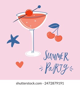 Summer party template's design. Glass of cocktail and Summer party lettering. Hand drawn flat style vector illustration for print, card, poster, social media post.