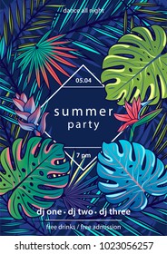 Summer Party text with frame, palm and monstera leaves, tropical and jungle plants and flowers. Colorful design template for flyer, banner, invitation. Vector illustration.