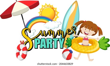 Summer Party text with a girl cartoon character and beach items isolated illustration