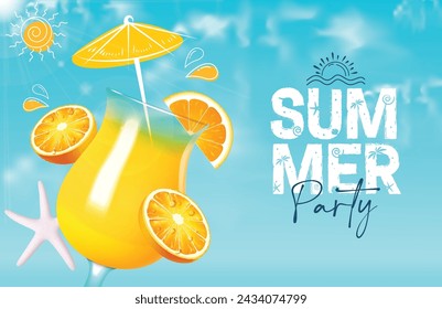 Summer party text vector design. Summer party invitation with orange fruit drink refreshment element for tropical season holiday beach event and celebration background. Vector illustration summer