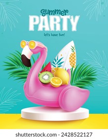 Diseño de póster vectorial de texto de fiesta de verano. Tarjeta de invitación de fiesta de verano con flotadores de flamenco rosa y frutas tropicales en elementos de escenario de podio para volantes de temporada y diseño de folletos. Vector 