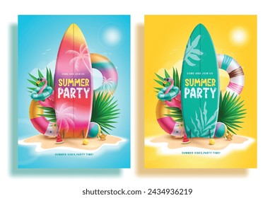 Summer party text vector poster set. Summer party invitation card with surfboard, floaters and flamingo beach elements for holiday vacation postcard collection. Vector illustration summer party card 