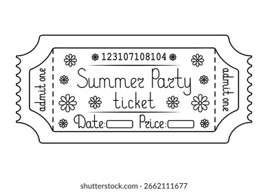 Festa de verão. Bilhete admitir um. O bilhete é decorado com flores, a data e o preço são indicados nele. Esboço. Letras manuscritas. Ilustração vetorial. Bilhete rasgado com um número. 