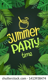 Summer party time. Vector composition with green tropical leaves
