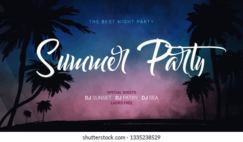 Summer Party. Tropical background with palms, sky and sunset. Summer Time