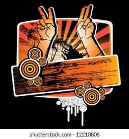  summer party t-shirt grunge design with hands showing peace sign and label for your text. Vector illustration isolated on black