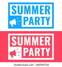Summer party. Two badges with megaphone icons. Flat vector illustration on white and red background.