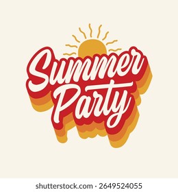 Summer party typography logo with a sun vector illustration. Summer holiday celebration poster, banner, template. Summer festival Editable text, sticker, label, tag, t shirt design