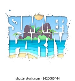 Summer party typography poster with beach and ocean waves. Cut out paper art style design