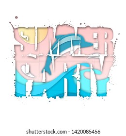Summer party typography poster with beach and ocean waves. Cut out paper art style design