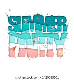 Summer party typography poster with beach and ocean waves. Cut out paper art style design