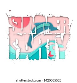 Summer party typography poster with beach and ocean waves. Cut out paper art style design
