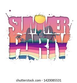 Summer party typography poster with beach and ocean waves. Cut out paper art style design