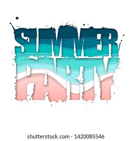 Summer party typography poster with beach and ocean waves. Cut out paper art style design