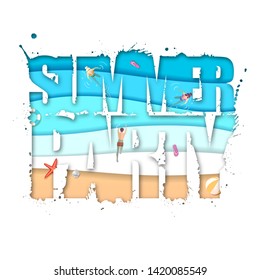 Summer party typography poster with beach and ocean waves. Cut out paper art style design