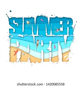 Summer party typography poster with beach and ocean waves. Cut out paper art style design