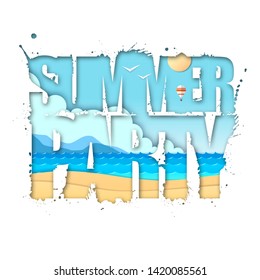 Summer party typography poster with beach and ocean waves. Cut out paper art style design