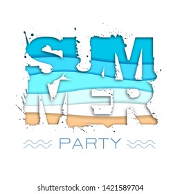 Summer party typography poster with beach and ocean waves. Cut out paper art style design