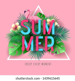 Summer party typography poster with flamingo and tropic leaves. Nature concept