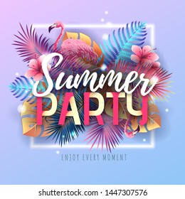 Summer party typography poster with flamingo and fluorescent tropic leaves. Nature concept