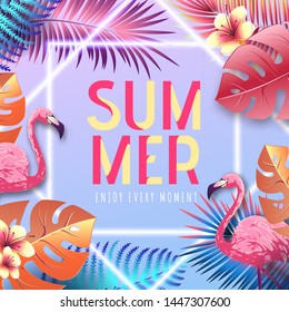 Summer party typography poster with flamingo and fluorescent tropic leaves. Nature concept