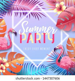 Summer party typography poster with flamingo and fluorescent tropic leaves. Nature concept