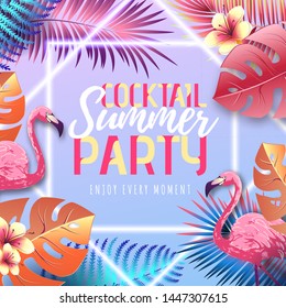 Summer party typography poster with flamingo and fluorescent tropic leaves. Nature concept