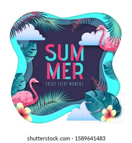 Summer party typography poster with flamingo and tropic leaves. Nature concept. Cut out paper art style design