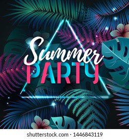 Summer party typography poster with fluorescent tropic leaves. Nature concept