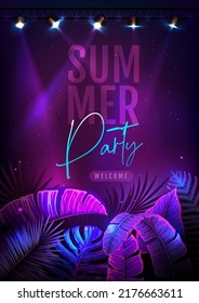 Summer party typography poster with fluorescent tropic leaves and spot light. Nature concept. Summer background. Vector illustration