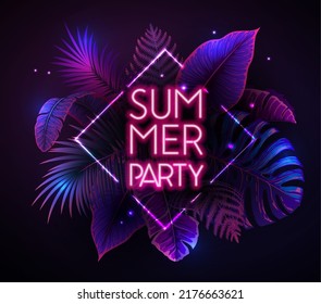 Cartel de tipografía de la fiesta de verano con hojas tropicales fluorescentes. Concepto de naturaleza. Fondo de verano. Ilustración del vector