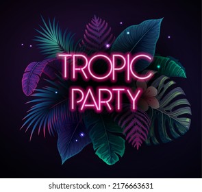 Summer party typography poster with fluorescent tropic leaves. Nature concept. Summer background. Vector illustration