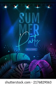 Summer party typography poster with fluorescent tropic leaves and spot light. Nature concept. Summer background. Vector illustration