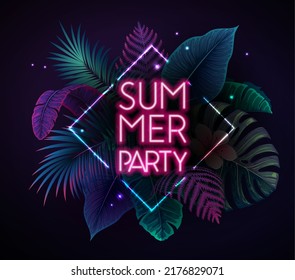 Summer party typography poster with fluorescent tropic leaves. Nature concept. Summer background. Vector illustration