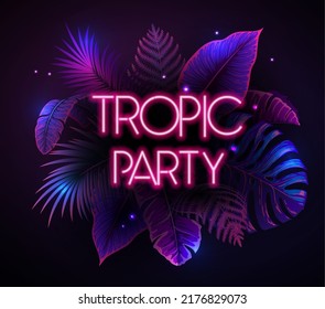 Summer party typography poster with fluorescent tropic leaves. Nature concept. Summer background. Vector illustration