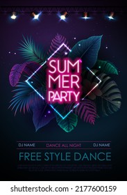 Summer party typography poster with fluorescent tropic leaves and spot light. Nature concept. Summer background. Vector illustration