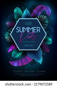 Summer party typography poster with fluorescent tropic leaves. Nature concept. Summer background. Vector illustration