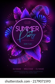 Summer party typography poster with fluorescent tropic leaves. Nature concept. Summer background. Vector illustration