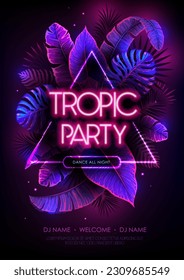 Summer party typography poster with fluorescent tropic leaves. Nature concept. Summer background. Vector illustration