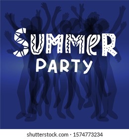 Summer party typography sketch vector. Doodle phrase desing. Graphuc invitation quote logo. People silhouette.