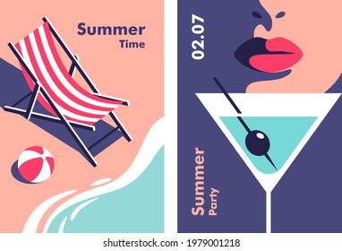 Summer party, vacation and travel concept. Vector flyer or poster design in minimalistic style.