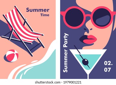 Summer party, vacation and travel concept. Vector flyer or poster design in minimalistic style.