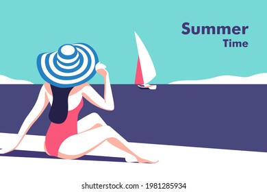 Summer party, vacation and travel concept. Girl on the beach. Vector flyer or poster design in minimalistic style.