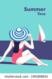 Summer party, vacation and travel concept. Girl on the beach. Vector flyer or poster design in minimalistic style.