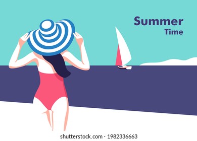 Summer party, vacation and travel concept. Girl on the beach. Vector flyer or poster design in minimalistic style.