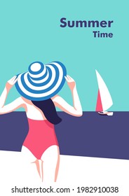 Summer party, vacation and travel concept. Girl on the beach. Vector flyer or poster design in minimalistic style.