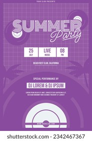 Sommerparty-Vaporwave-Retro 90er-er Kunst modernes, künftiges flaches Design-Flyer mit violettem Hintergrund und Objekt-Element-VinSchallplatte CD-Kompaktscheibe für Live-Musik DJ-Jamming