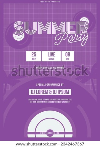 summer party vaporwave retro 90s art modern future flat design flyer with purple background and object element vinyl record cd compact disk for live music dj jamming