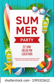 Summer party vector banner design with colorful beach elements. Vector illustration